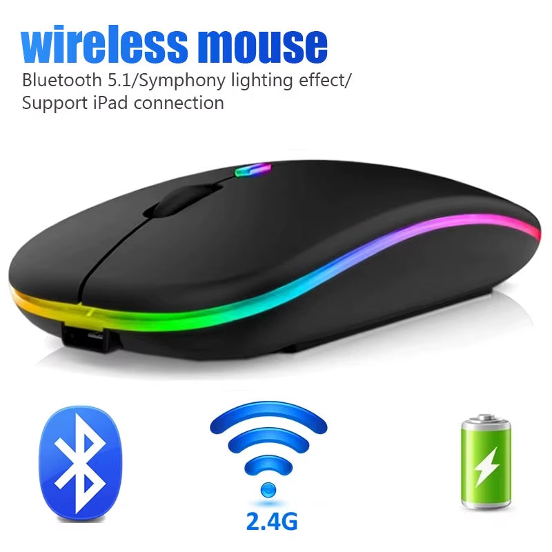 Bluetooth Rechargeable Wireless Mouse USB 2.4Ghz RGB Single-Mode Mouse Suitable for Laptops Tablets Macbooks Gaming Mice