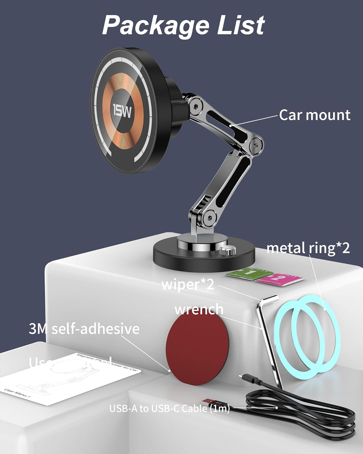 Magnetic Car Mount Charger for Mag-Safe, 15W Wireless Fast Charger Phone Holder for Car with Adhesive, 360° Rotatable Zinc Alloy Handsfree Phone Stand