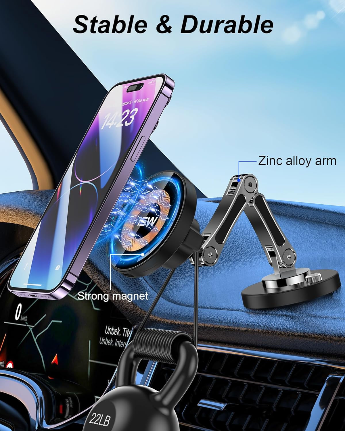 Magnetic Car Mount Charger for Mag-Safe, 15W Wireless Fast Charger Phone Holder for Car with Adhesive, 360° Rotatable Zinc Alloy Handsfree Phone Stand