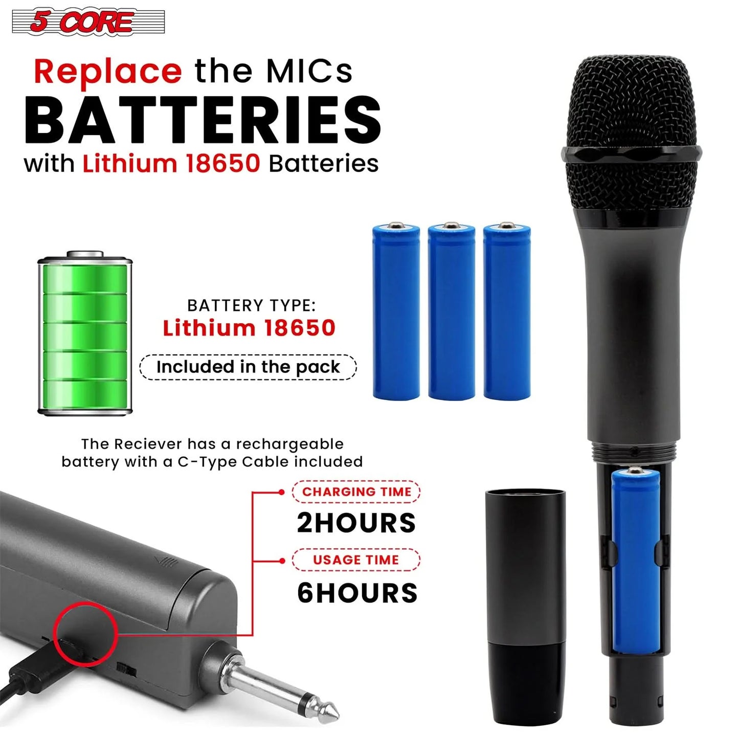 5Core Wireless Microphone Pair UHF Handheld Microfonos Inalambricos Cordless Mic RED + BLACK