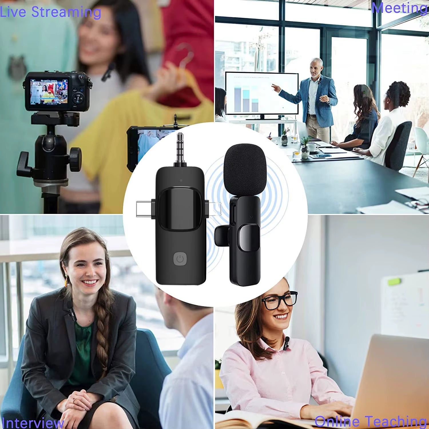 4 in 1 Professional Wireless Lavalier Microphone for Iphone/Ipad/Android/Smartphone/Camera/Computer for Interviews Video Podcast