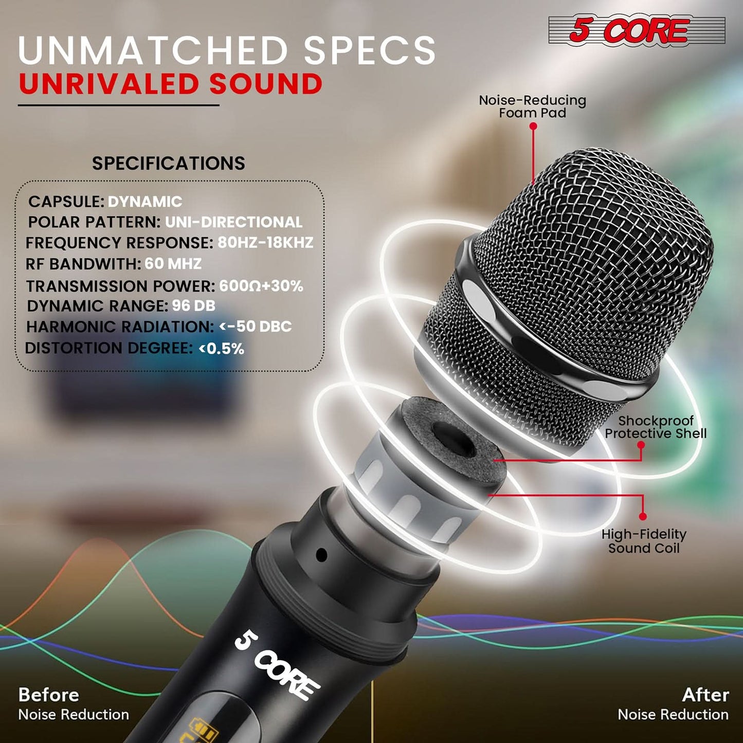 5Core Wireless Microphone Pair UHF Handheld Microfonos Inalambricos Cordless Mic RED + BLACK