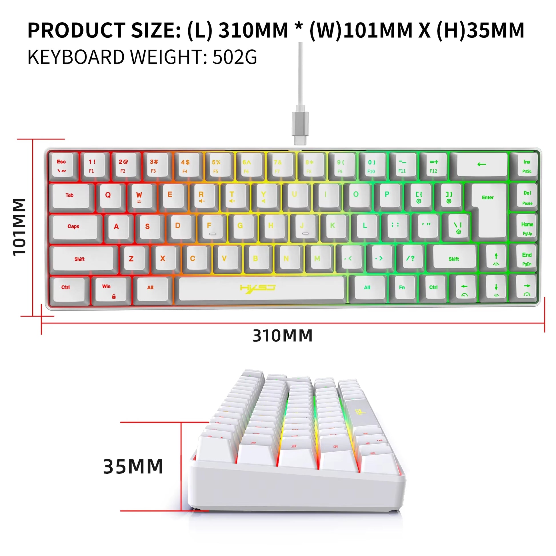 68 Keys Gaming Keyboard USB Wired Portable 20 RGB Backlight Keyboard for Windows Laptops Computer