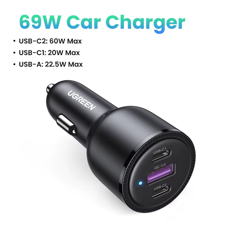 UGREEN 130W USB C Car Charger for Xiaomi Iphone 15 Samsung Galaxy S24 Laptops Tabet PD3.0 Fast Charging USB Type C Car Charger