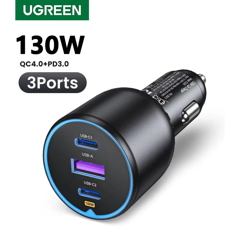 UGREEN 130W USB C Car Charger for Xiaomi Iphone 15 Samsung Galaxy S24 Laptops Tabet PD3.0 Fast Charging USB Type C Car Charger