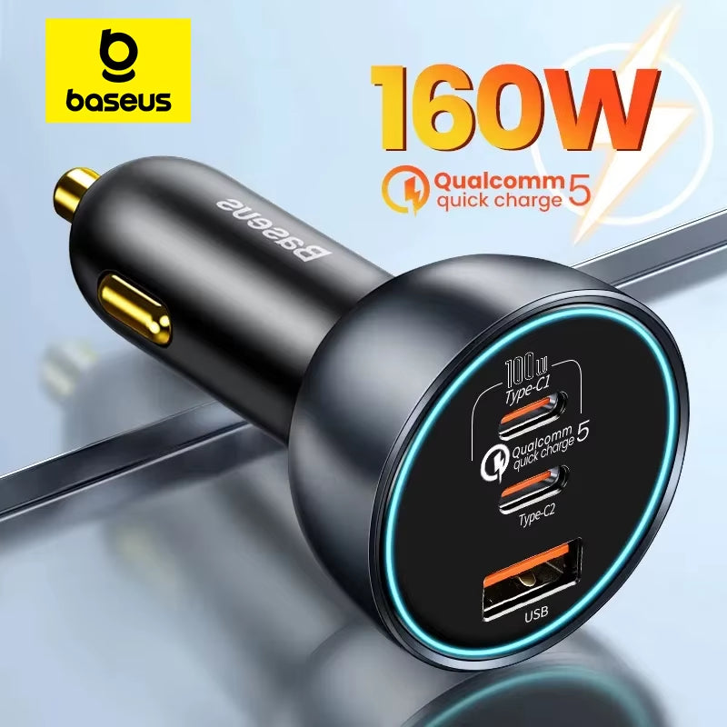 Baseus 160W Car Charger QC 5.0 Fast Charging for Iphone 13 12 Pro USB Type C Quick Charger for Laptops Car Phone Charger