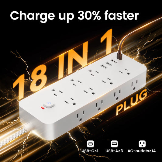 18-In-1 Multitap Power Strip US Plug AC Outlet USB Port Type C 4Ft Braided Extension Cord Smart Home Electrical Socket Network F