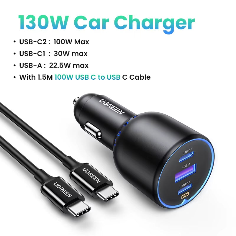 UGREEN 130W USB C Car Charger for Xiaomi Iphone 15 Samsung Galaxy S24 Laptops Tabet PD3.0 Fast Charging USB Type C Car Charger