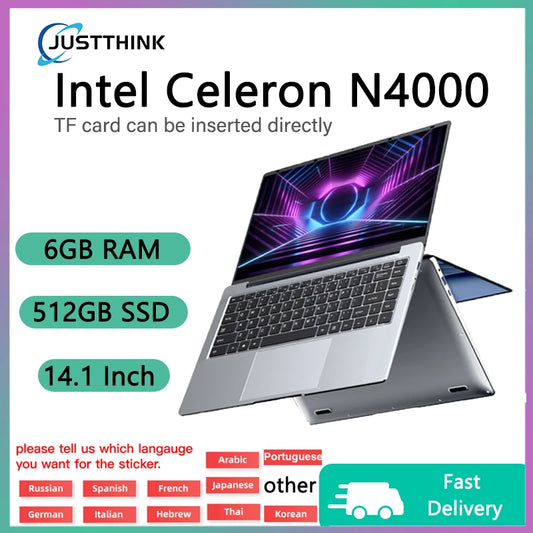 14.1”Inch Laptops 6GB RAM 512GB SSD Intel Celeron N4000 Windows 11 Support TF Card Socket Portable Computers