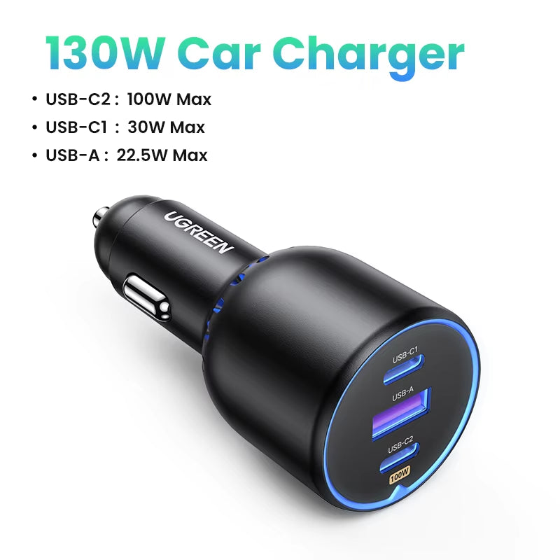 UGREEN 130W USB C Car Charger for Xiaomi Iphone 15 Samsung Galaxy S24 Laptops Tabet PD3.0 Fast Charging USB Type C Car Charger