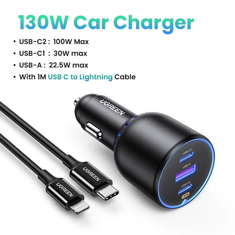 UGREEN 130W USB C Car Charger for Xiaomi Iphone 15 Samsung Galaxy S24 Laptops Tabet PD3.0 Fast Charging USB Type C Car Charger