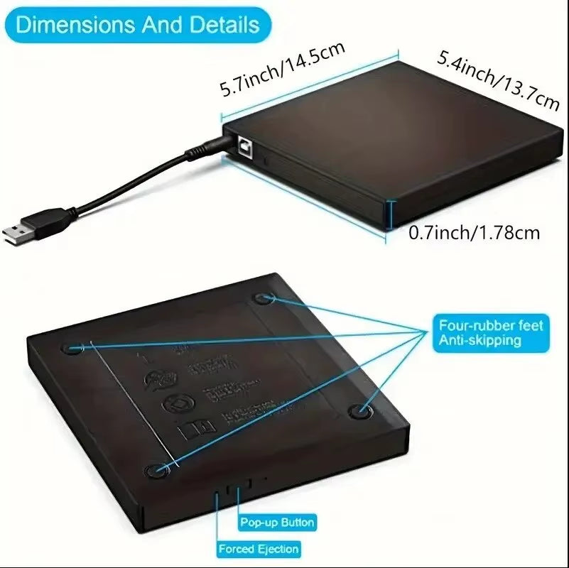 External CD DVD Drive, USB 2.0 Slim Protectable External CD-RW Drive DVD-ROM Player for Laptops Desktop Pcs