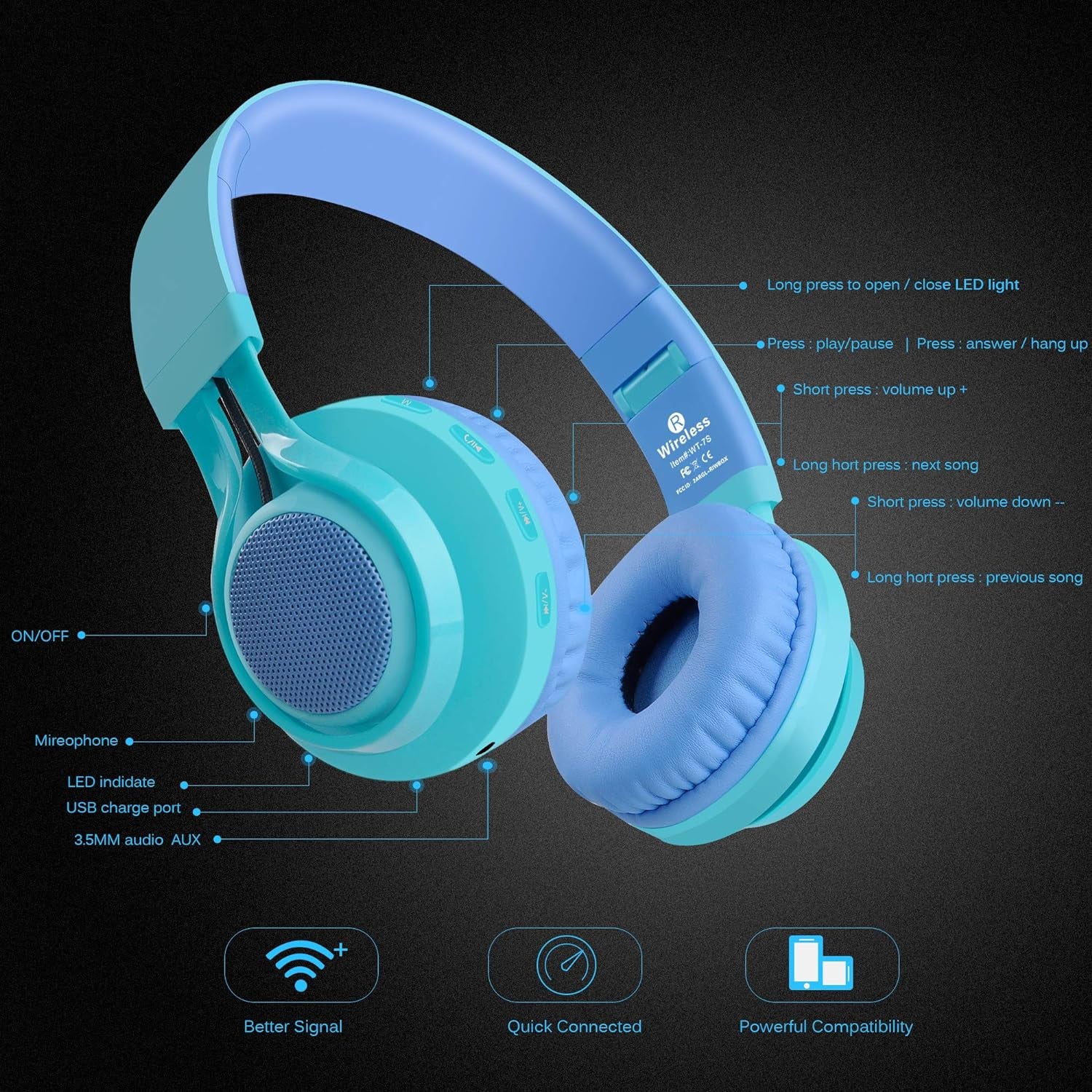 WT-7S Kids Bluetooth Headphones, LED Light up Wireless Foldable Stereo Headset with Microphone and Volume Control for Pc/Tablet/Tv/Travel (Blue)